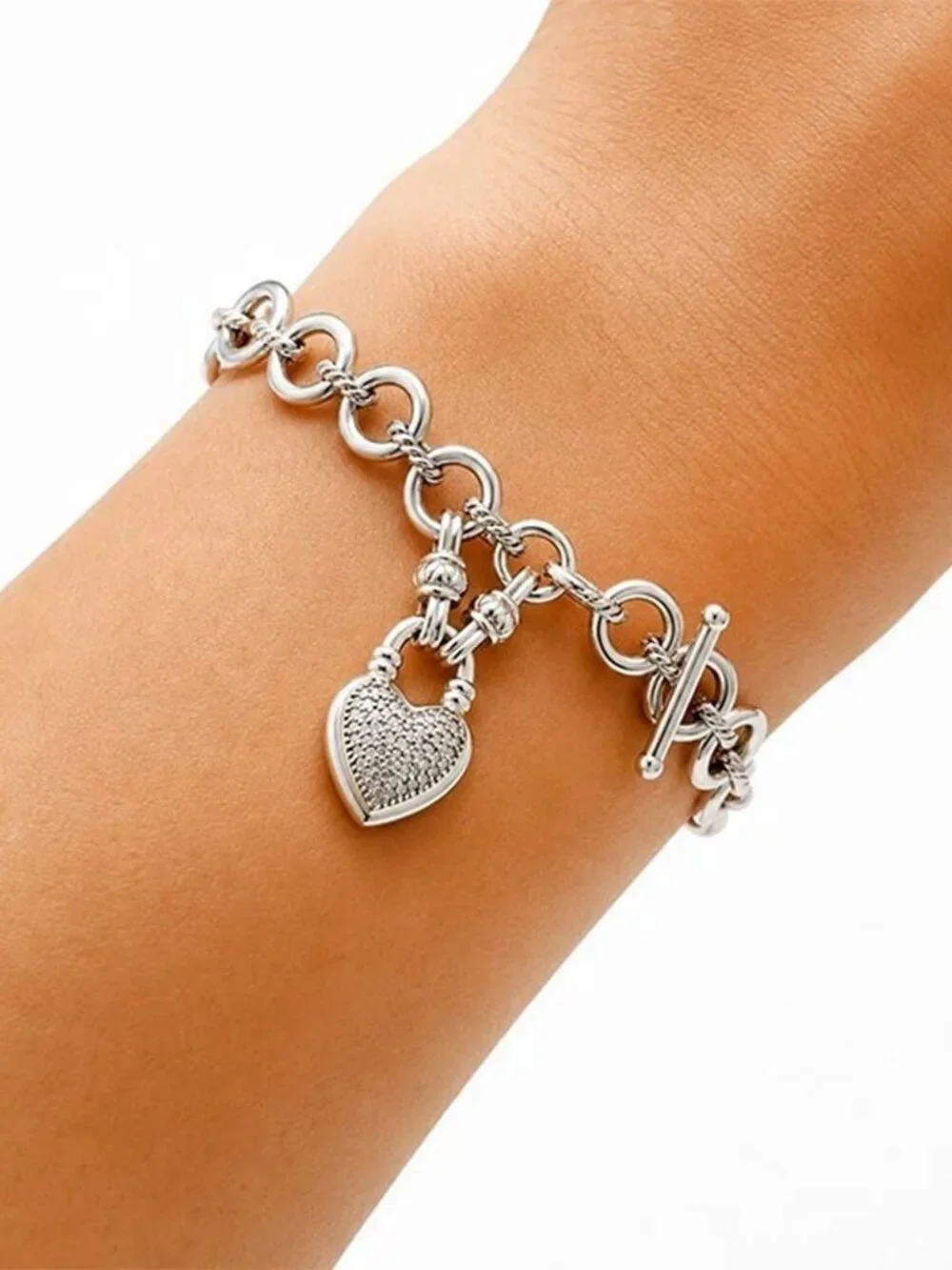 Genuine Diamonds Link Heart Charm Bracelet Solid .925 Silver